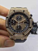 Replica Audemars Piguet Watch Rose Gold Case diamond dial diamond bezel Black Leather